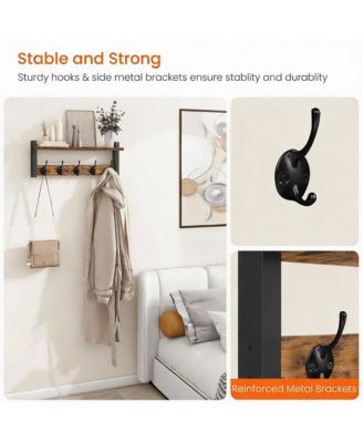 Rustic Brown & Black Iron Wall Hooks Shelf, 5 Hooks, Sturdy Storage, Easy Assembly