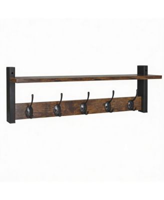 Rustic Brown & Black Wall Hook Rack with Shelf for Entryway, Hallway