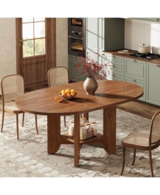 59-Inch Round Dining Table for 4-6, Modern Oval Kitchen Table with Storage Shelf for Dining Room, Living Room, Walnut