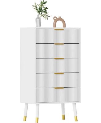 5-Drawer Modern Wooden Dresser for Bedroom, Chest of Drawers with Storage Cabinet Organizer Unit and Fluted Design
