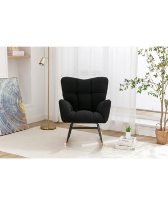 Black Teddy Fabric Nursery Rocking Glider Chair with Wooden Frame Metal Base Rocking Legs 250 LBS Capacity for Living Room Bedroom Indoor