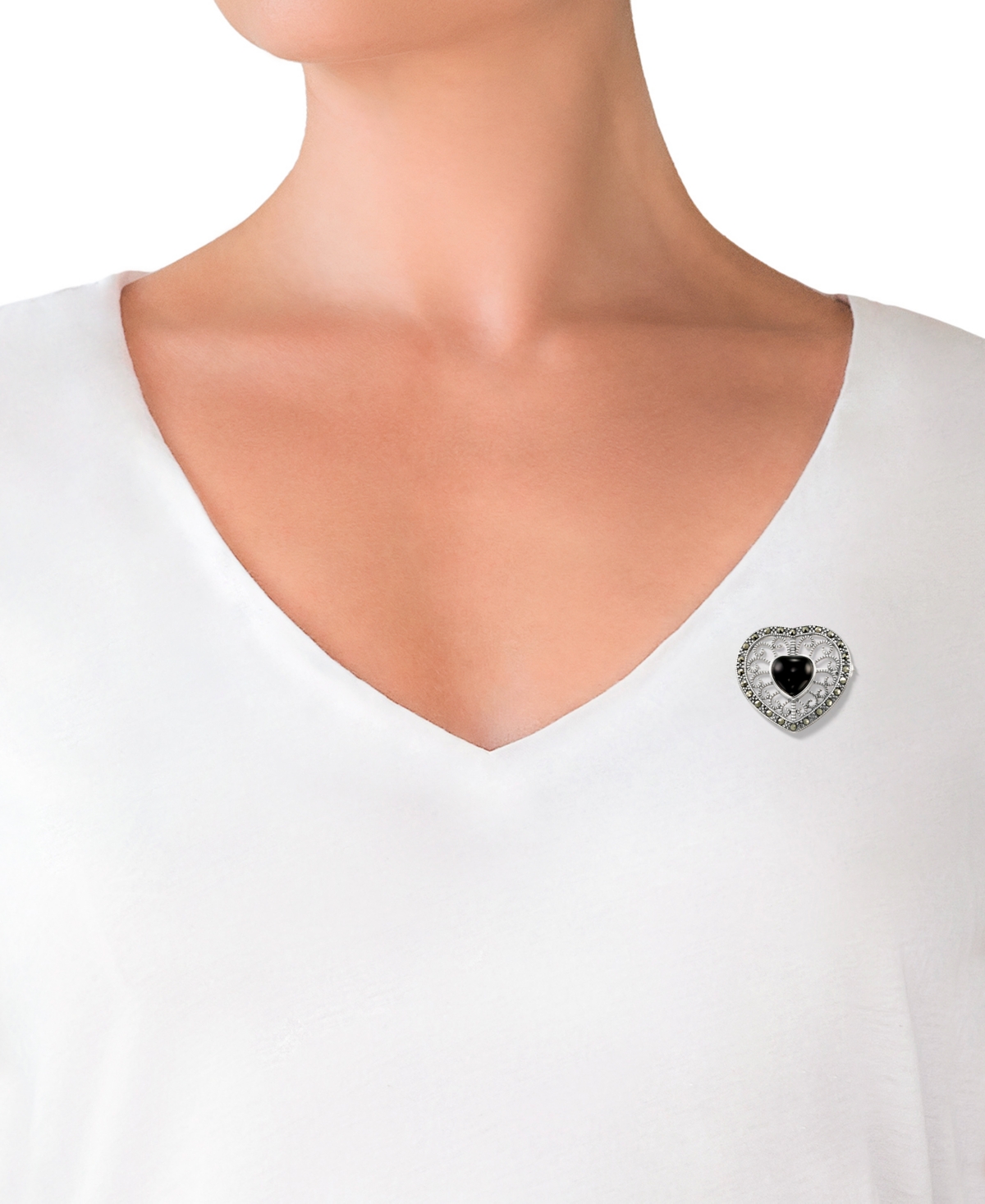 Macy's Marcasite (0.38 ct. t.w.) and Black Onyx (3 ct. t.w.) Heart Brooch in Sterling Silver