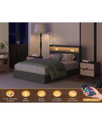 Queen Bed Frame with 4 Storage Drawers, LED Light, and Charging Station