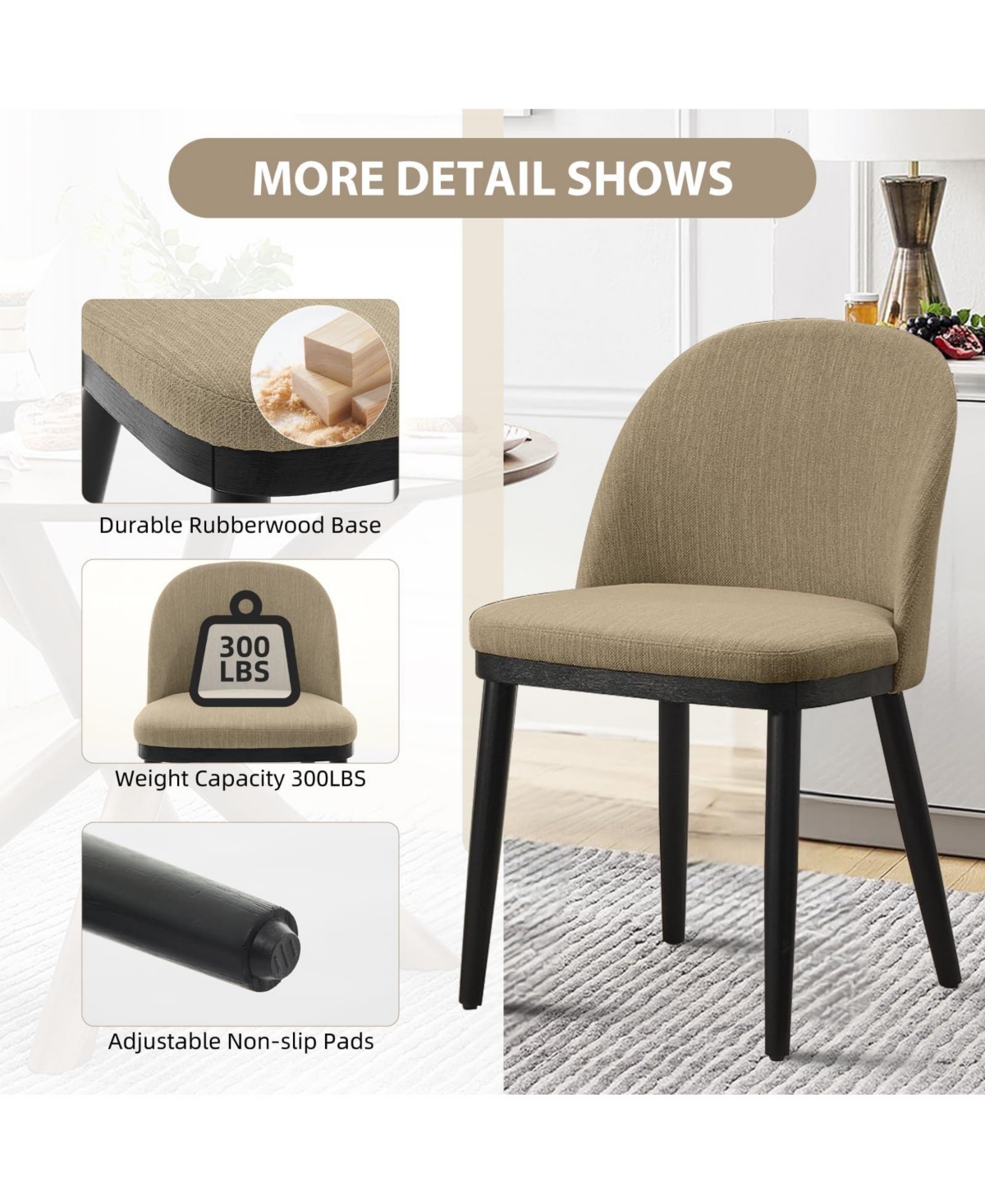 gaomon Set of 2 Modern Fabric Upholstered Dining Chairs, Curved Back Kitchen Side Seating with Solid Wood Legs