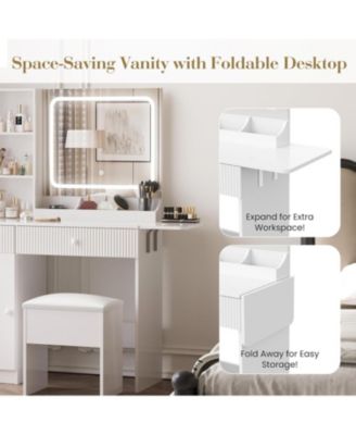 White Foldable Lighted Vanity Desk, Space-Saving Makeup Table for Small Apartments