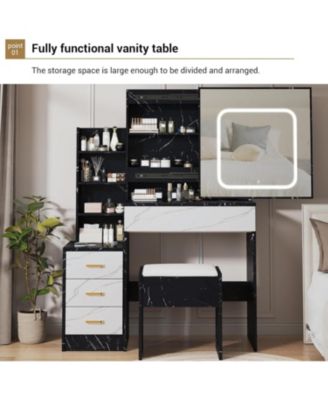 4-Drawer Vanity Desk, 3-Color Adjustable Lighted Mirror Makeup Table for Bedroom
