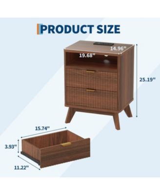 Set of 2 Walnut Fluted Wood Nightstands, 2-Drawer Bedside Table with USB Charging Station & Outlets