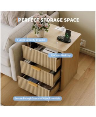 Set of 2 Fluted Nightstands, 3-Drawer Bedside Table with Built-in Charging Station & Open Storage