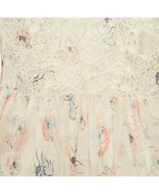 Women's White Floral Print Broderie Anglaise Tiered Halliday Gown