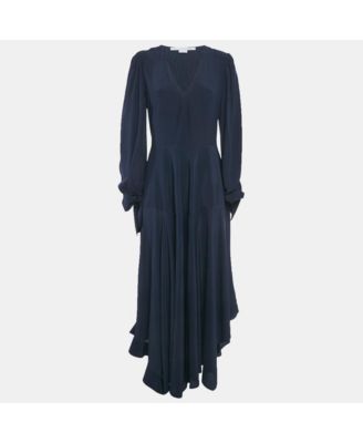 Women's Navy Blue Silk Puff Sleeve Maxi Dress