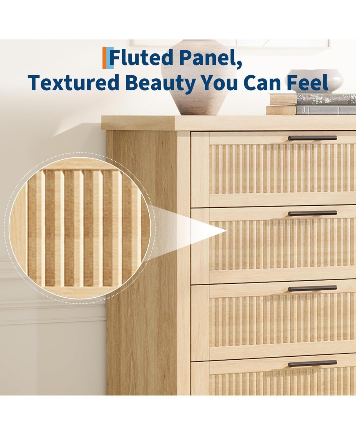 gaomon Fluted Dresser for Bedroom with 5 Drawers, 42.9 in Tall Chest of Large Drawers with Large Clothes Storage Cabinet, Wood Dresser, Tv Stand