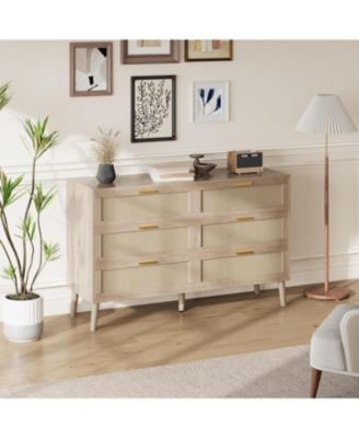 6 Drawer Rattan Dresser, 47.2'' x 15.7'' x 29.5'' Rattan Chest of Dressers, Mid Century Modern Dresser for Closet with Handles