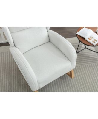 Ivory Teddy Fabric Rocking Chair with Wooden Frame Legs Built in Packet Ergonomic Backrest 300 LBS Capacity for Living Room Bedroom