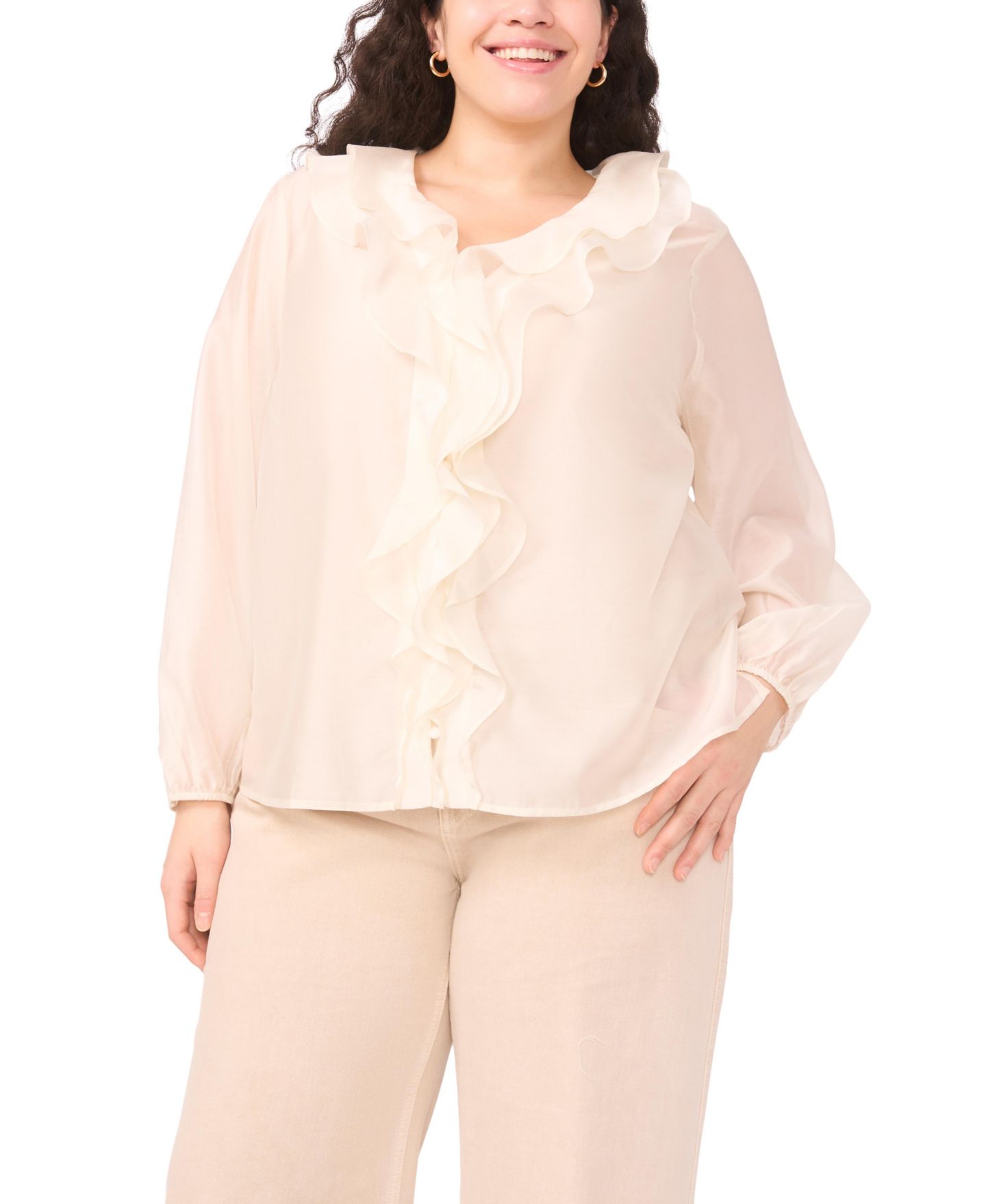 Женская блузка Vince Camuto Plus Size Ruffle Front Long-Sleeve Blouse, цвет: Слоновая кость — фото 1