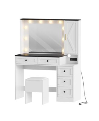Makeup Vanity Desk Lighted Mirror and Cushioned Stool Wooden Dressing Table