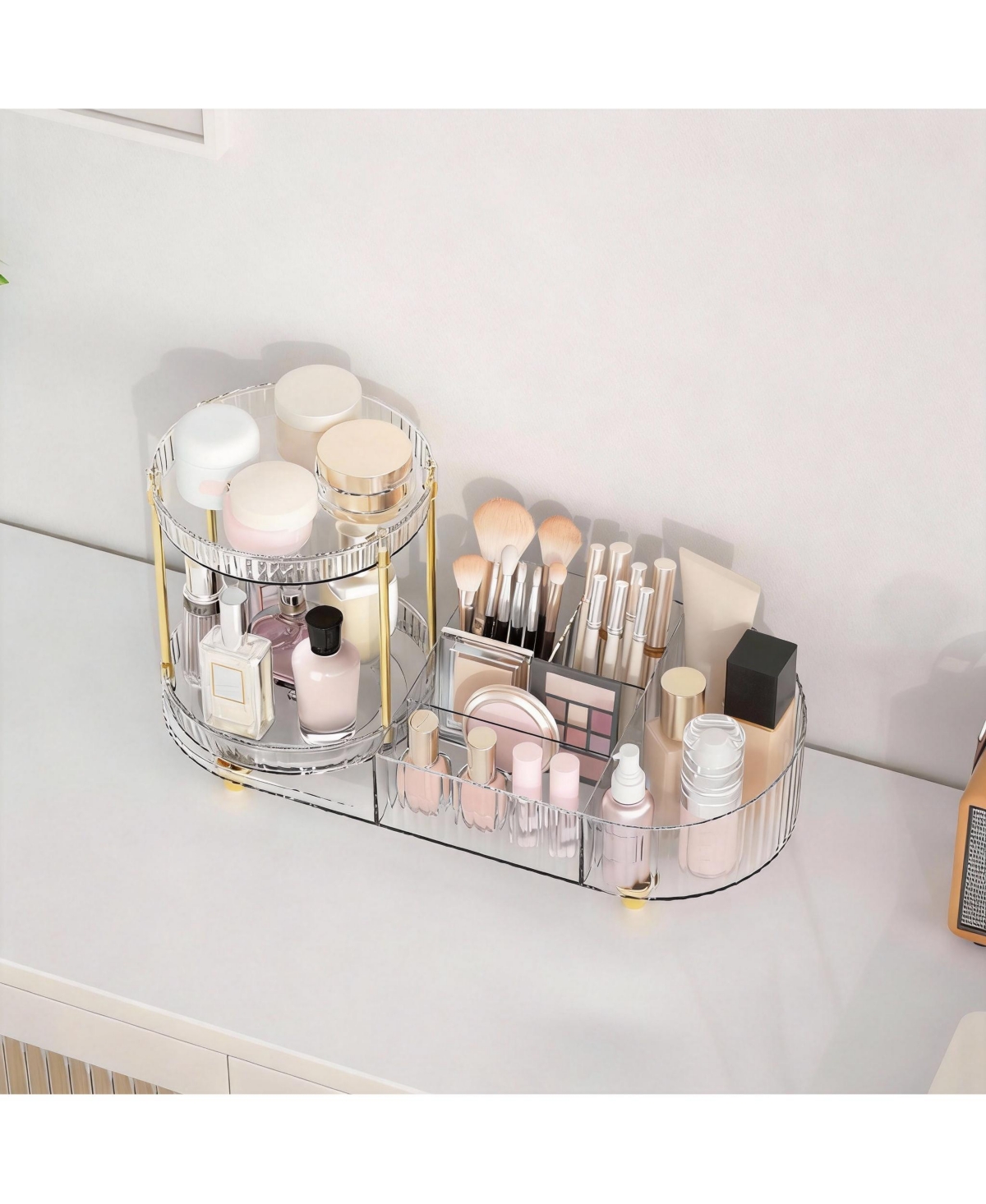 Yigii 360 Silent Rotating Makeup Organizer: 2 Perfume Trays, 5 Compartments, Multi-Use