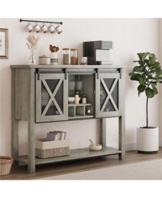 Wine Bar Cabinet with Storage - Sliding Barn Door Kitchen Buffet, Wood Sideboard Console with Wine Rack & Glass Holder for Living & Dining Room