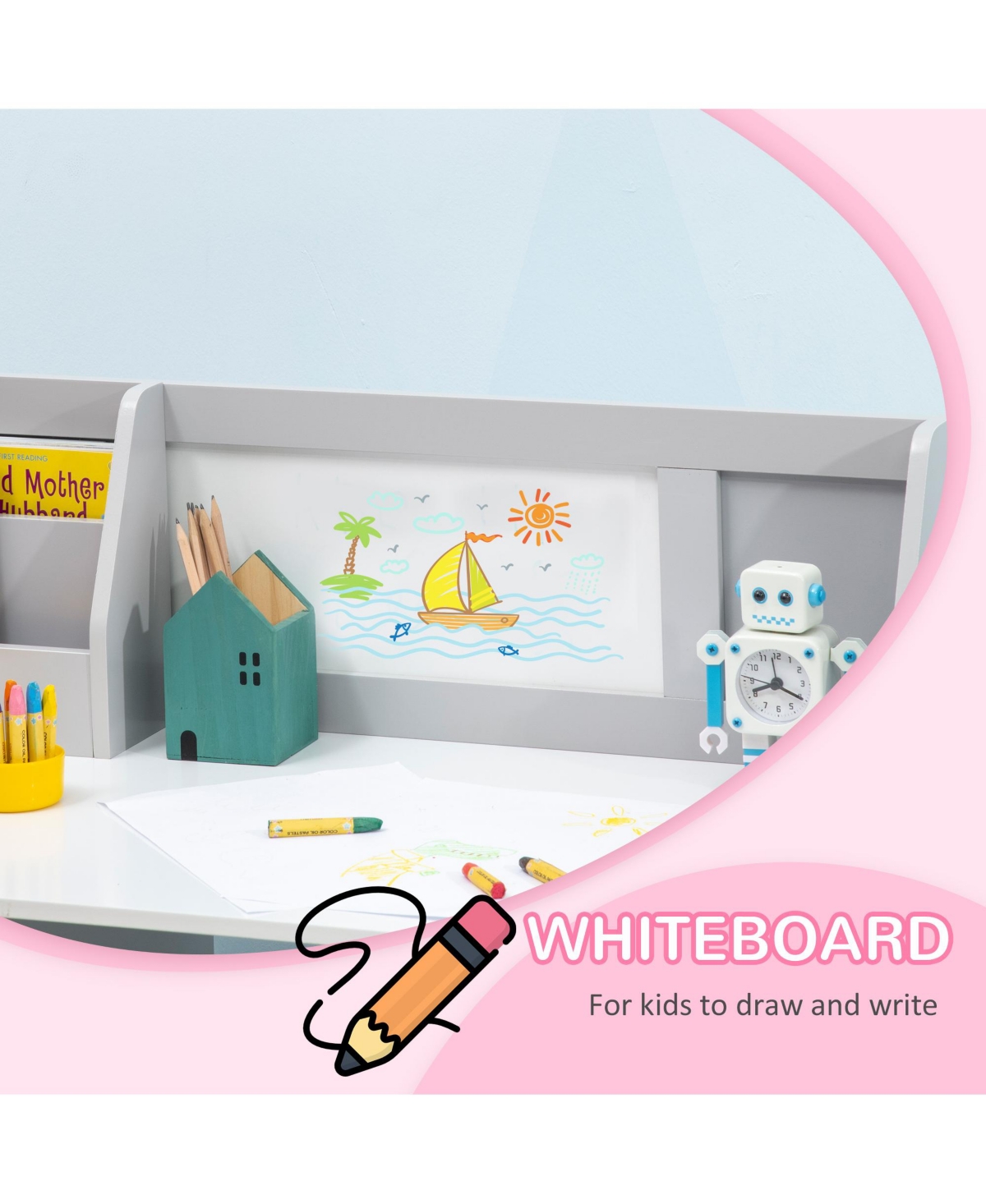 Hongge Toddler Writing Desk and Chair Set with Whiteboard and Storage