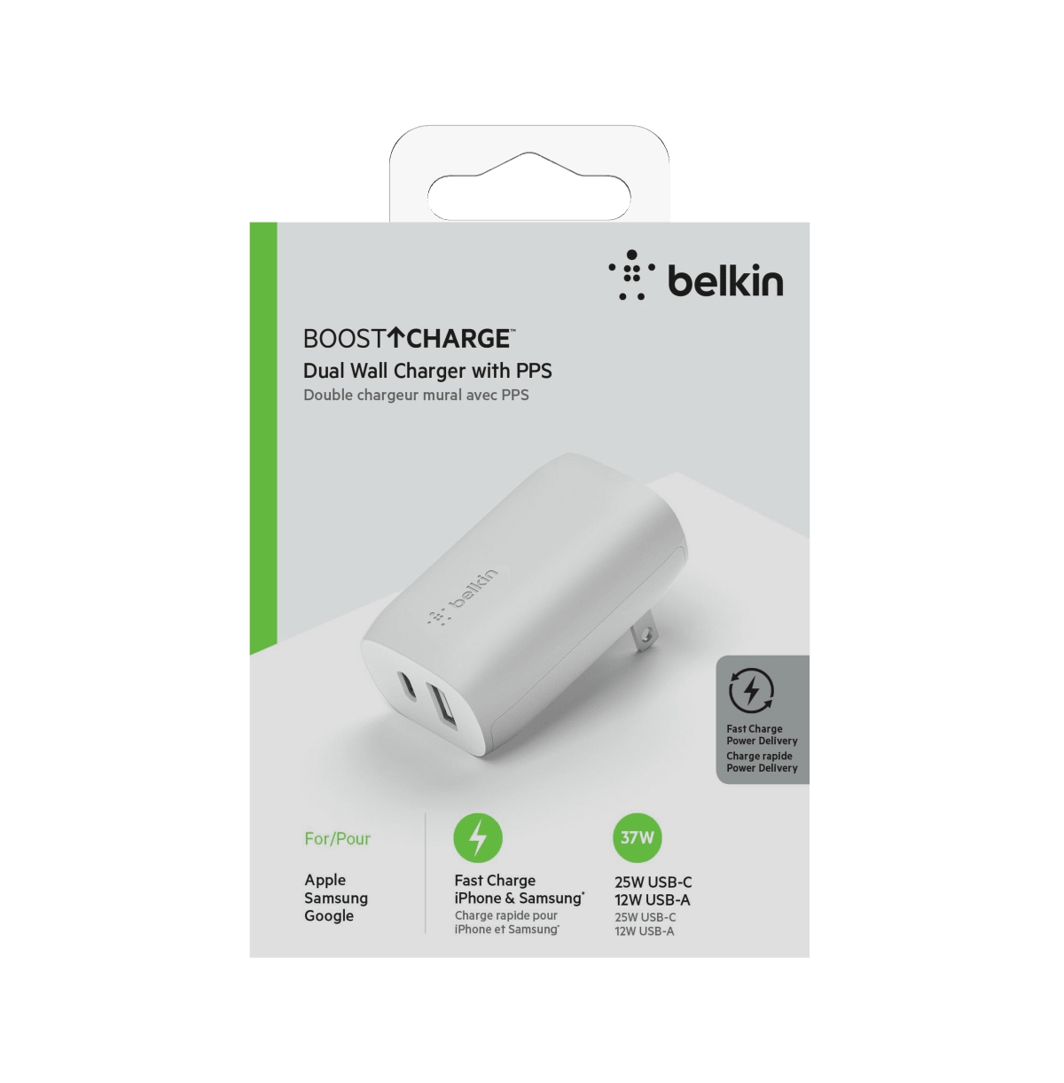 Belkin BoostCharge Dual Port Usb-a and Usb-c Pd 37W Wall Charger with Pps