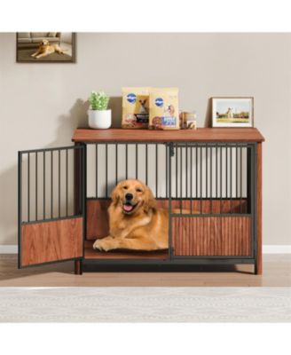 43" Furniture Style Dog Crate End Table, Walnut Fluted Wood Pet House for Large Dogs, Double Door Design