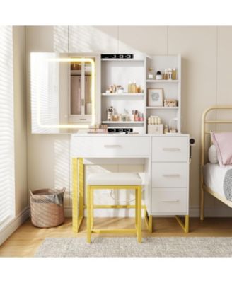 4-Drawer 5-Shelf Vanity Desk, Lighted Mirror Makeup Table for Ample Storage