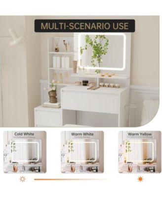 White 4-Drawer Vanity Desk Set, Lighted Makeup Table with Power Outlet, USB Ports & Matching Stool