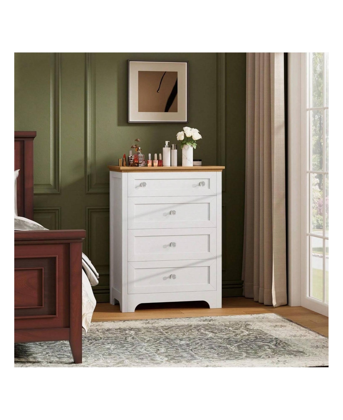 gaomon White 4-Drawer Led Nightstand Dresser, Visible Glass Top Bedside Cabinet with Night Light for Bedroom