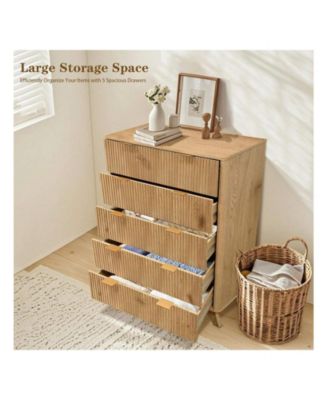 Tall 5-Drawer Wood Dresser, Waveform Fluted Panel Modern Chest of Drawers for Bedroom Clothes Storage