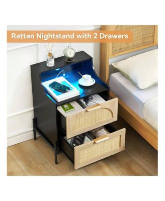 Rattan Nightstand with Charging Station & LED Lights, 2-Drawer Storage Bedside End Table for Bedroom