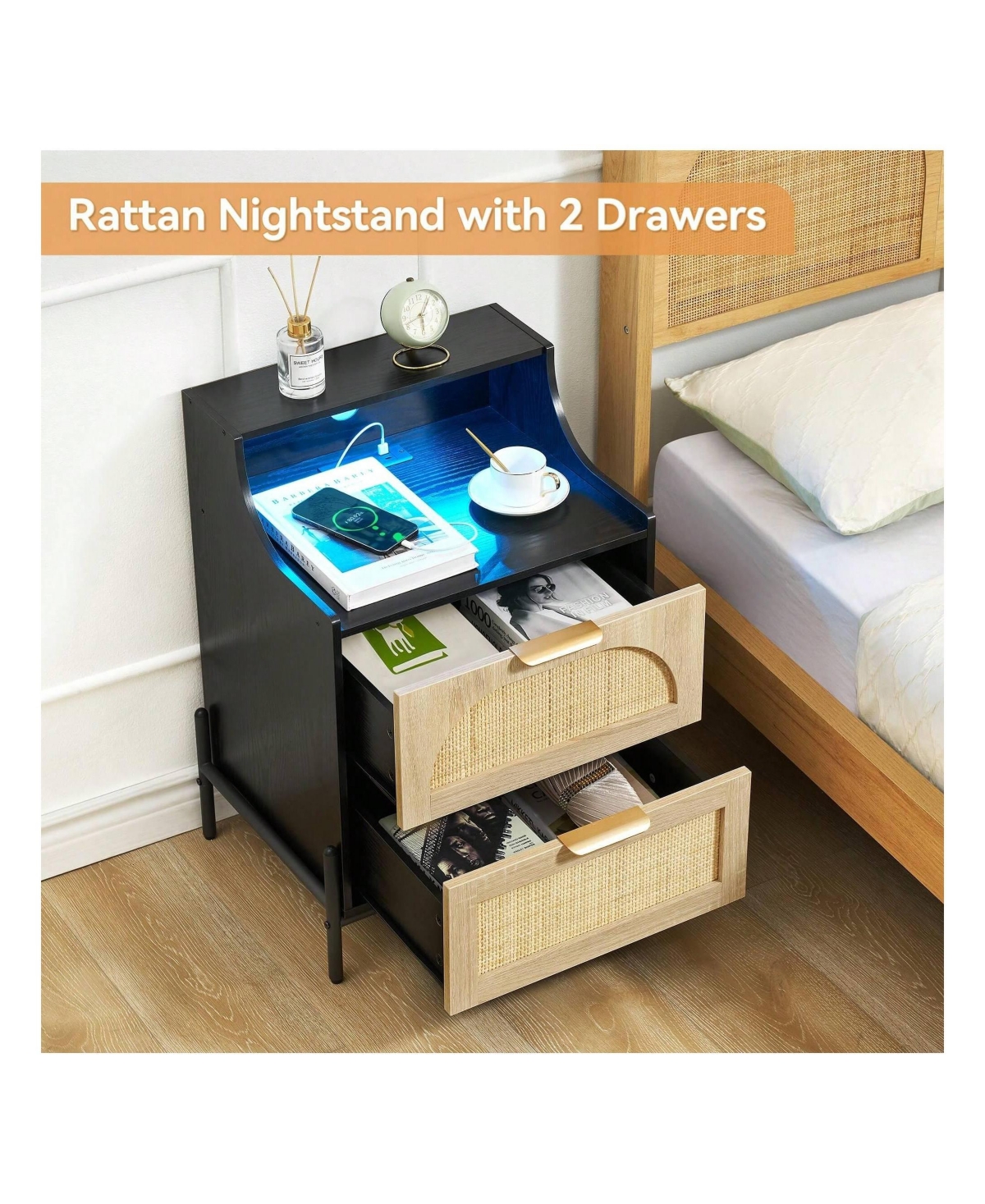 gaomon Rattan Nightstand with Charging Station & Led Lights, 2-Drawer Storage Bedside End Table for Bedroom