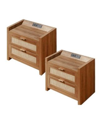 Set of 2 Walnut Brown Rattan Nightstands, 2-Drawer Bedside Table with Type-C Charging Station