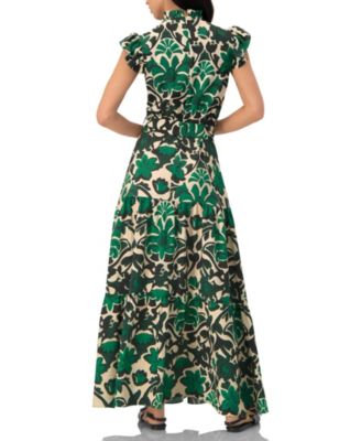 Women's Printed Ruffle-Sleeve Maxi Dress with Tie Waist