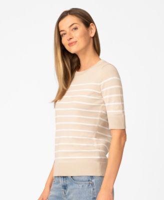 Petite Striped Crew-Neck Elbow-Sleeve Sweater