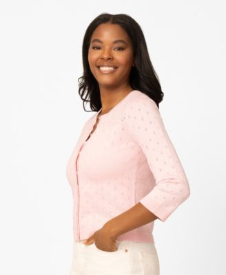 Petite Diamond Pointelle Button Crewneck Cardigan Sweater