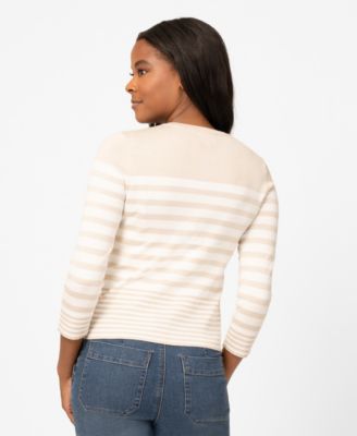 Petite Mixed Stripe Button Crewneck Cardigan Sweater