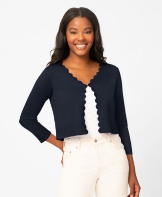 Women's 3/4-Sleeve Scalloped Cropped Cardigan Sweater