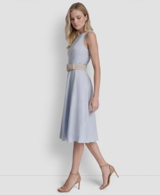 Women's Belted Fit And Flare Boat Neck Midi Dress