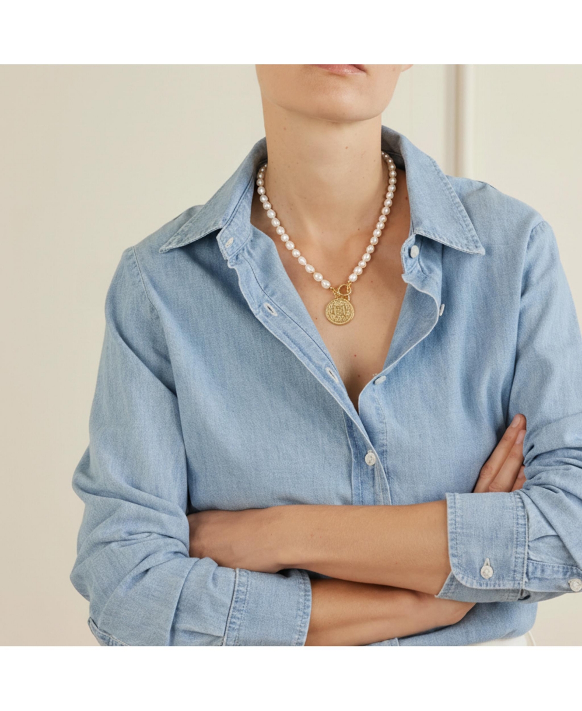 18K Gold Plated Freshwater Pearls with a Coin Pendant - Giorgia Pearl Necklace 17" For Women