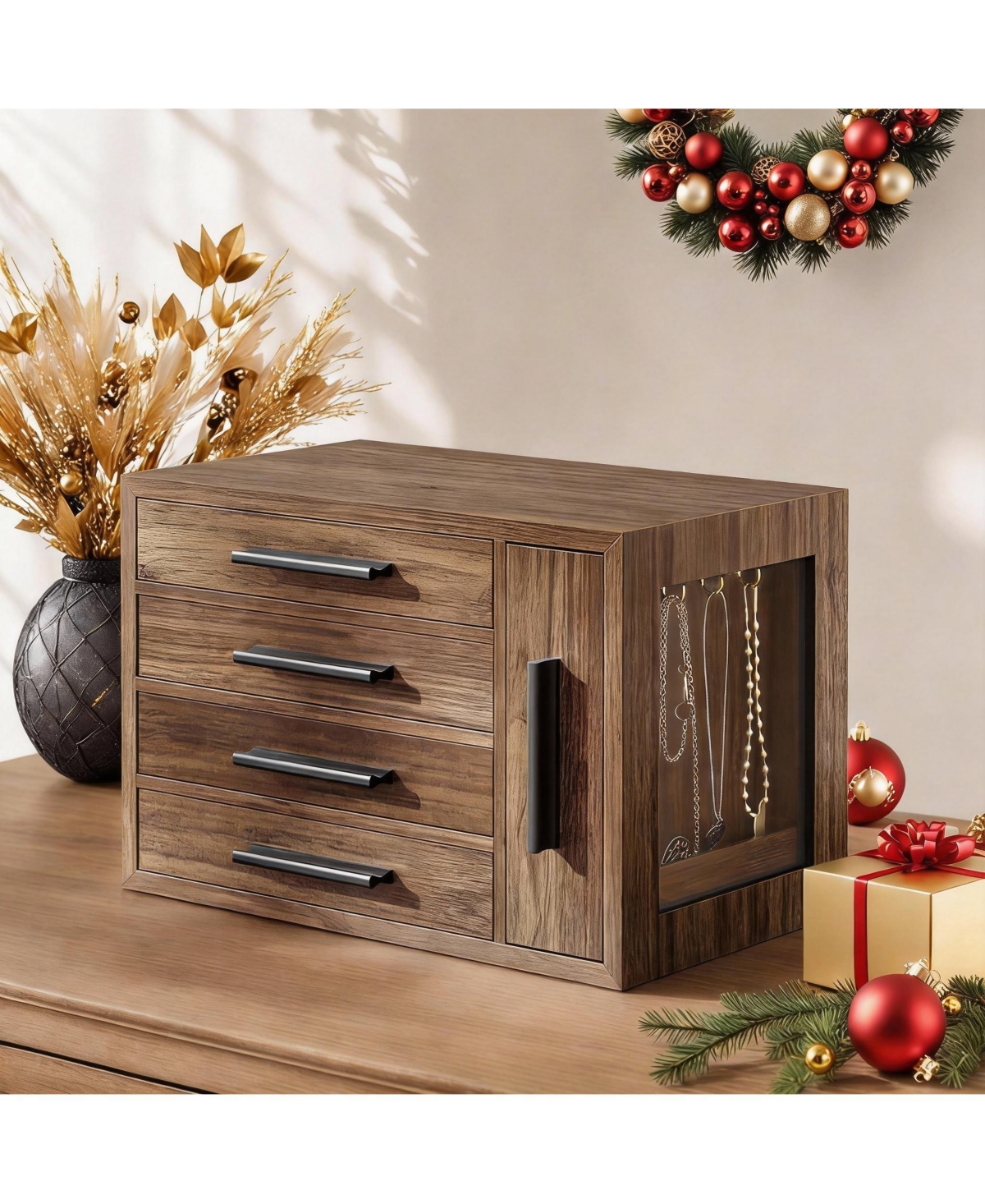 Yigii Wooden Jewelry Box with 4 Drawers for Rings, Earrings, Brooches, Necklaces