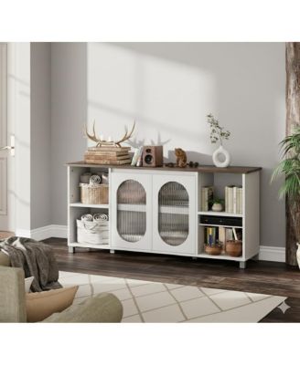 70 Inch TV Stand with Corrugated Glass Doors, Rustic Entertainment Center for Living Room