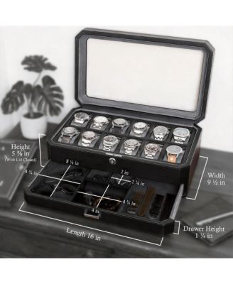 Luxury Watch Box - 12 Watches, PU Leather, Glass Lid, Accessory Drawer