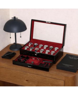 Luxury Watch Box - 12 Watches, PU Leather, Glass Lid, Accessory Drawer