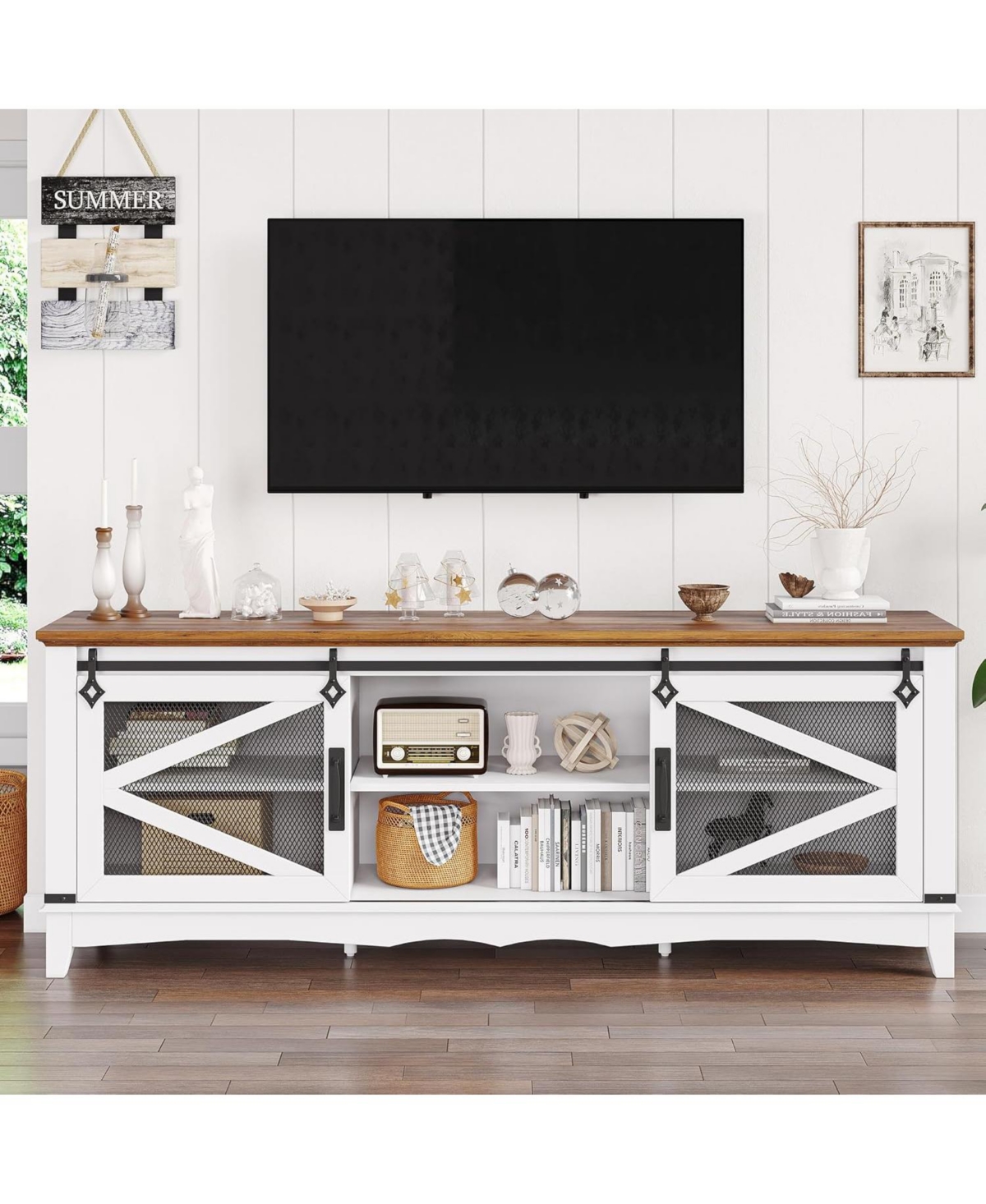 gaomonFarmhouse Tv Stand for 70 Inch Tv, Industrial & Farmhouse Media Entertainment Center with Storage
