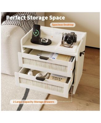 1PC White Rattan Nightstand, 2-Drawer Bedside Table with Type-C Charging Station