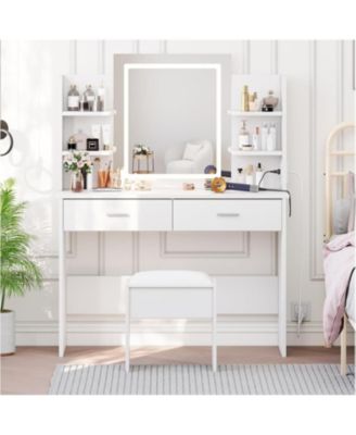 White 2-Drawer Lighted Mirror Vanity, Clean-Lined Makeup Desk for Bedroom Interiors