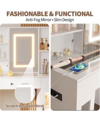 3-Color LED Vanity Desk, Makeup Dressing Table with Space-Saving Sliding Mirror