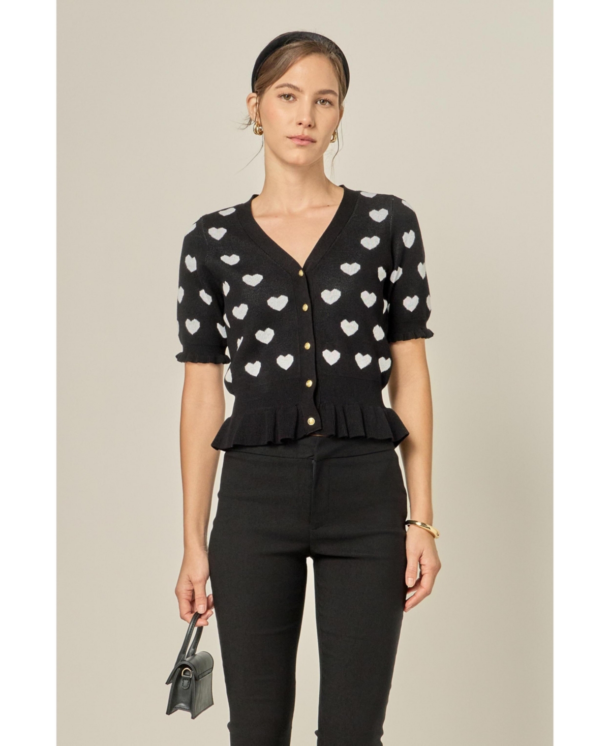 English Factory Women's Heart Cardigan with Short Puff Sleeve