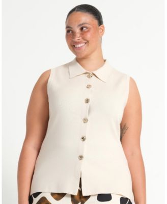 women's plus size Leya Collared Sleeveless Button-Front Fitted Knit Top