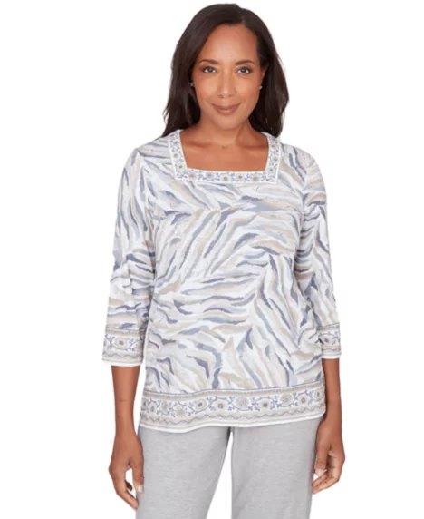 Petite Square Neck Animal Print Border Top - Gray Multi