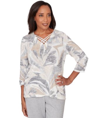 Petite Leaf Print Crossover V-Neck Top
